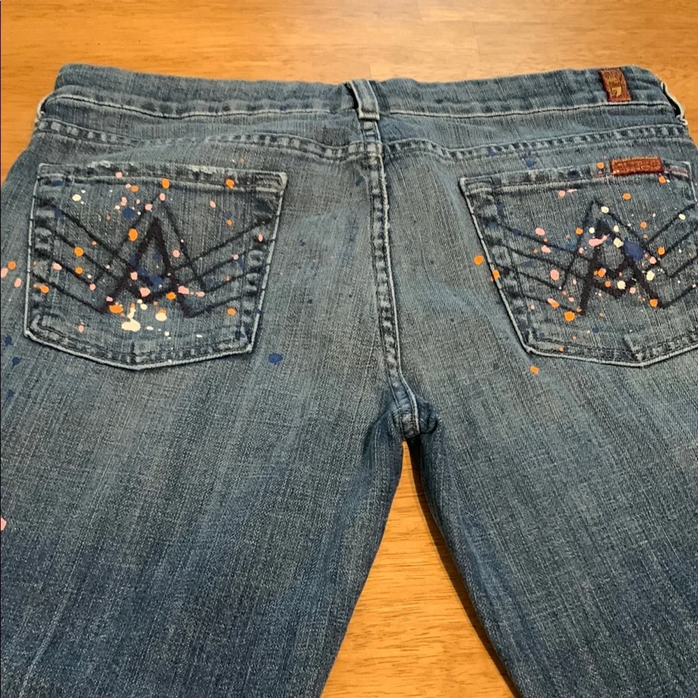 7 For All Mankind Blue Straight Leg Jeans with Paint Splatter